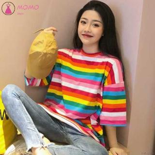 Áo phông nữ cổ tròn bảy sắc cầu vồng đáng yêu