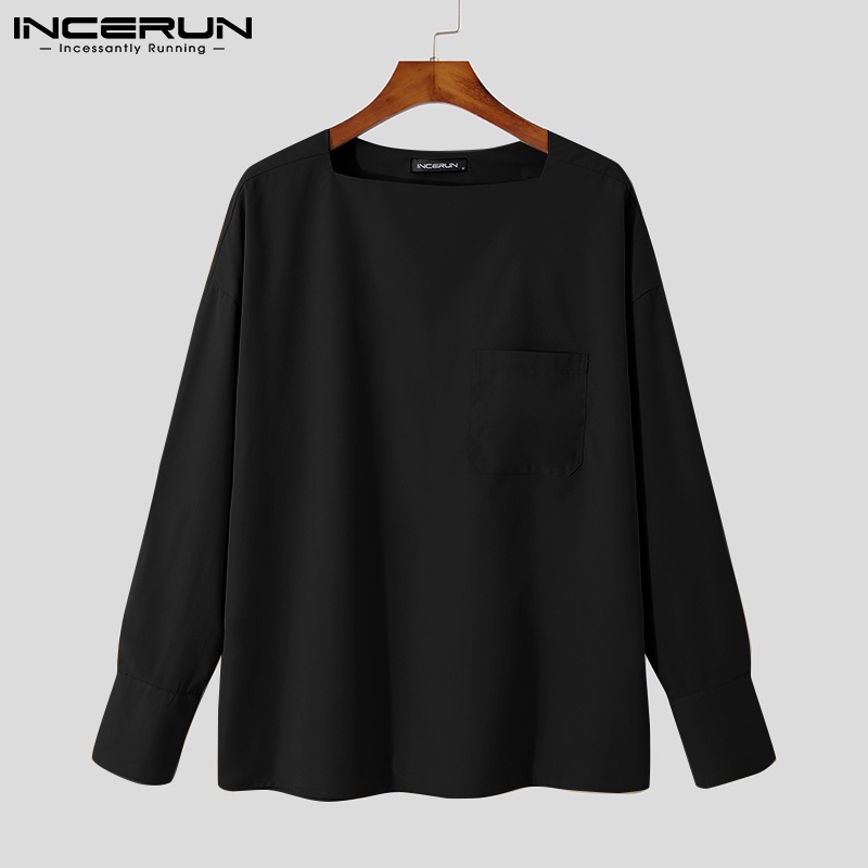 Áo thun INCERUN tay dài cổ rộng màu trơn thời trang Hàn Quốc cho nam