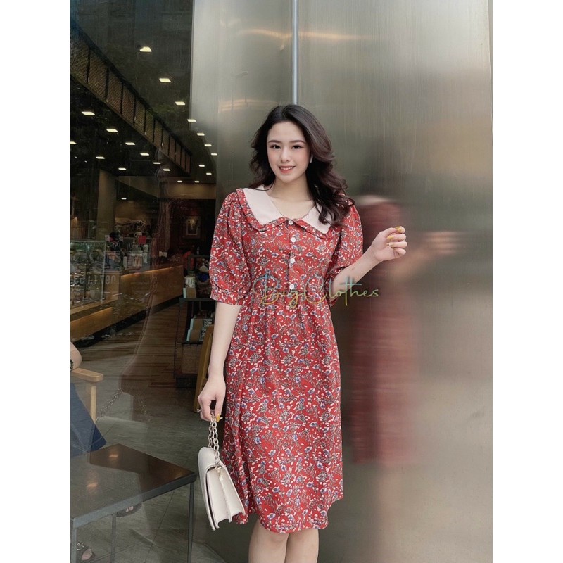 Váy đầm bigsize hoa nhí có lưng thắt eo màu đỏ thiết kế cổ bèo trắng sang chảnh thoáng mát từ 45kg đến 75kg | BigBuy360 - bigbuy360.vn