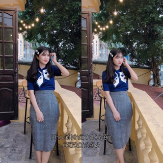 Set len cổ nơ áo xanh