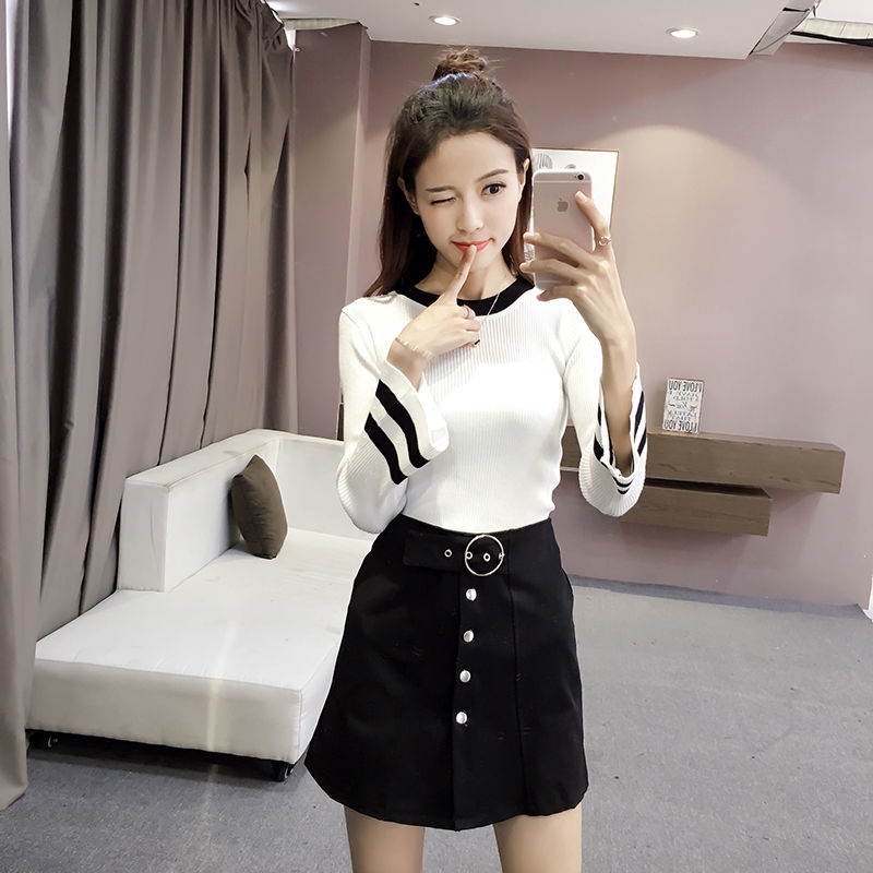 Áo Len Tay Dài Ống Loe Họa Tiết Kẻ Sọc Phong Cách Phương Tây Thời Trang Mùa Thu Mới Cho Nữ