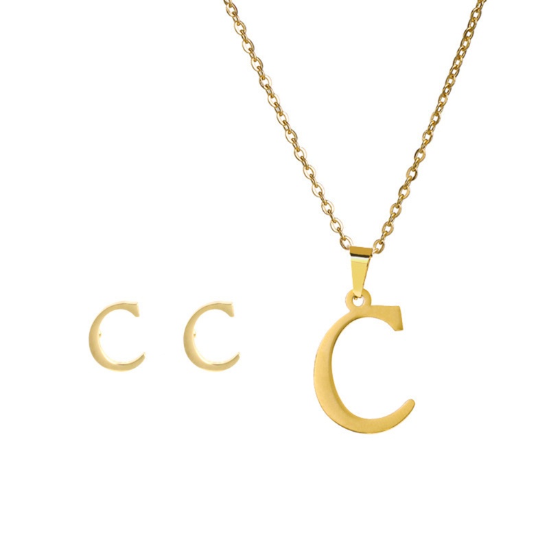 Bộ Vòng cổ + Bông Tai Hình Chữ Cái A Đến Z Monogram Màu Vàng Tùy Chỉnh Cho Nữ
