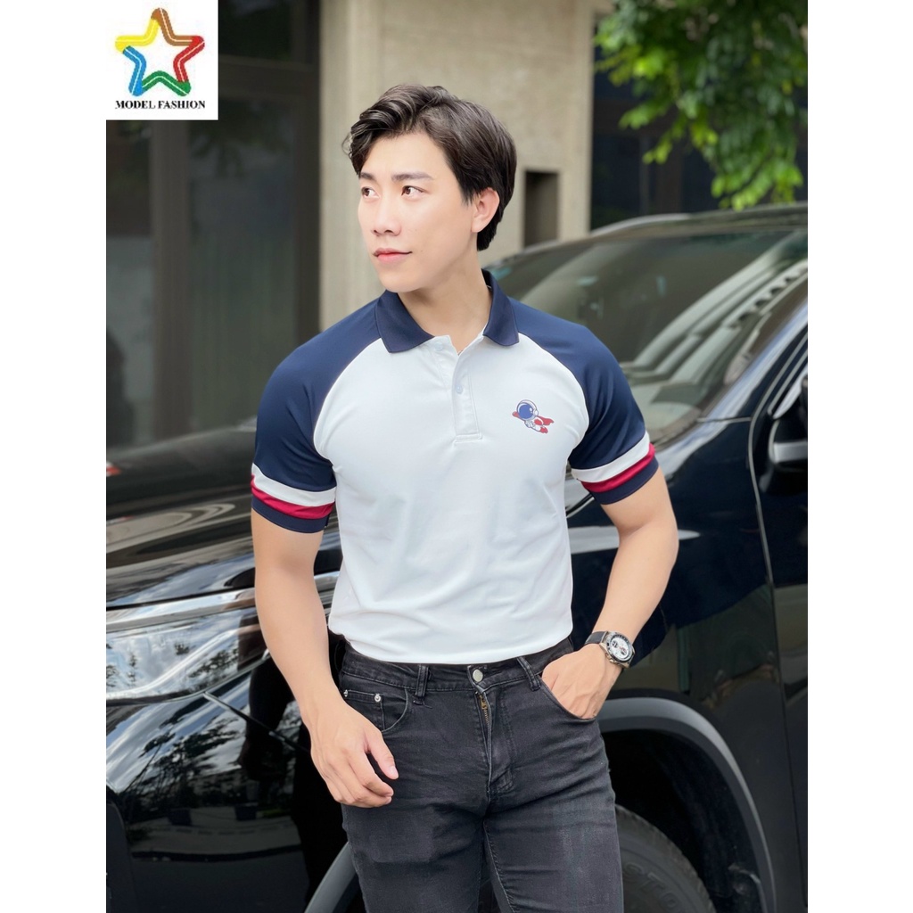 Áo thun polo nam nữ tay ngắn trắng phối xanh đen 2 sọc tay Hàn Quốc Model Fashion