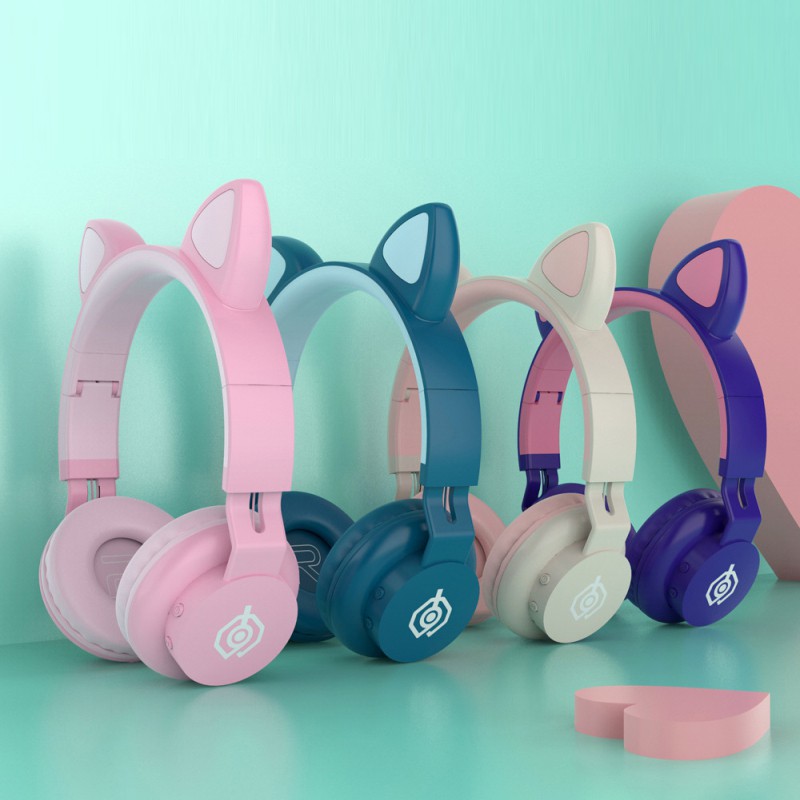 Tai Nghe Bluetooth 5.0 Không Dây Hình Tai Mèo Có Đèn Led Kèm Mic Cho Máy Tính / Điện Thoại