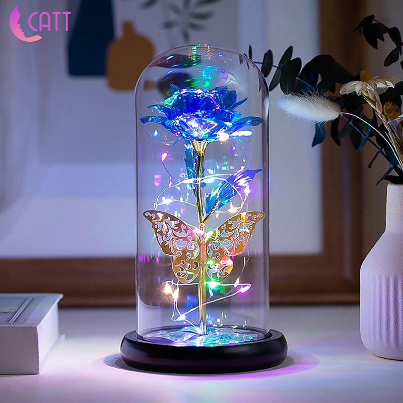 Rose in Glass Dome LED Light Simulated Flower Wedding Birthday Xmas