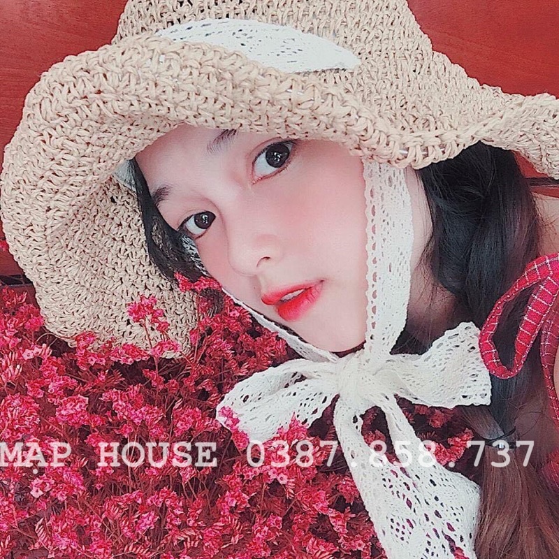 Mũ cói mềm quai ren phong cách Vintage- mũ có thể gập gọn không sợ mất fom