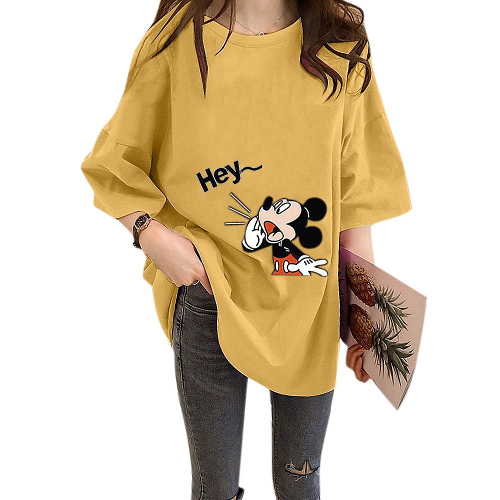 Áo Thun Ngắn Tay Dáng Dài Rộng In Hình Chuột Mickey Kiểu Hàn Quốc