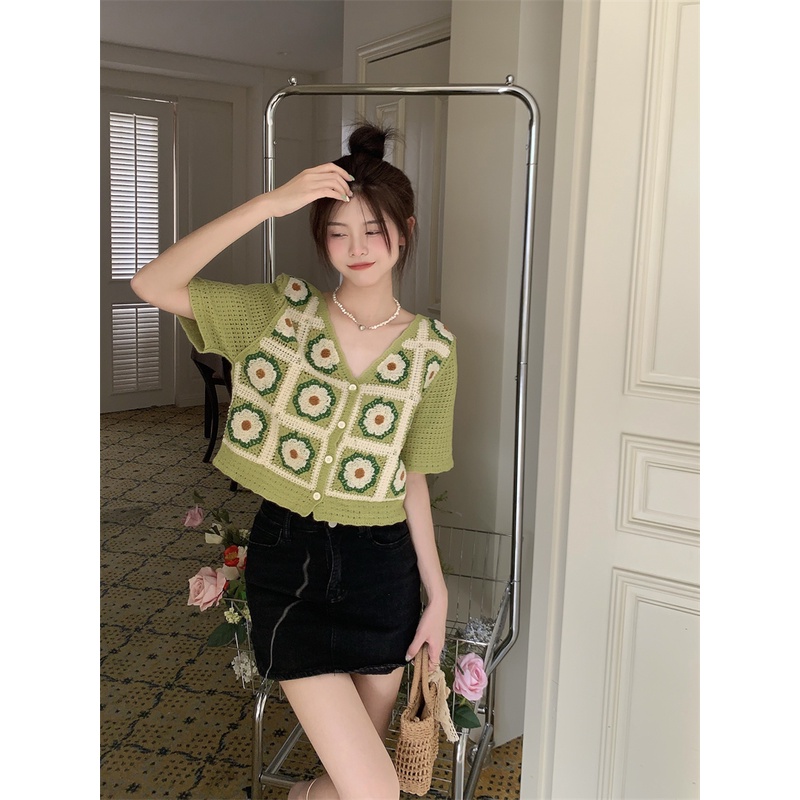 Áo cardigan ZHELIHANGFEI dệt kim tay ngắn cổ chữ V quyến rũ thời trang dành cho nữ