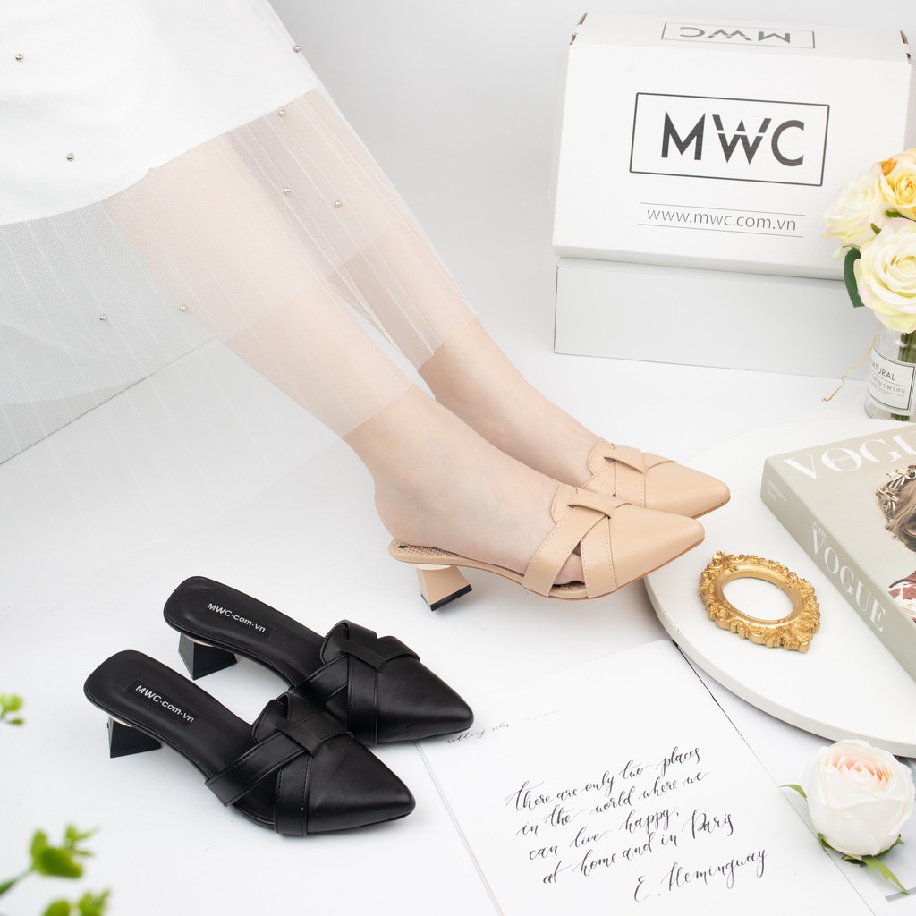 Giày Cao Gót Nữ MWC Mũi Nhọn Phối Nơ Màu Kem Đen NUCG-3969