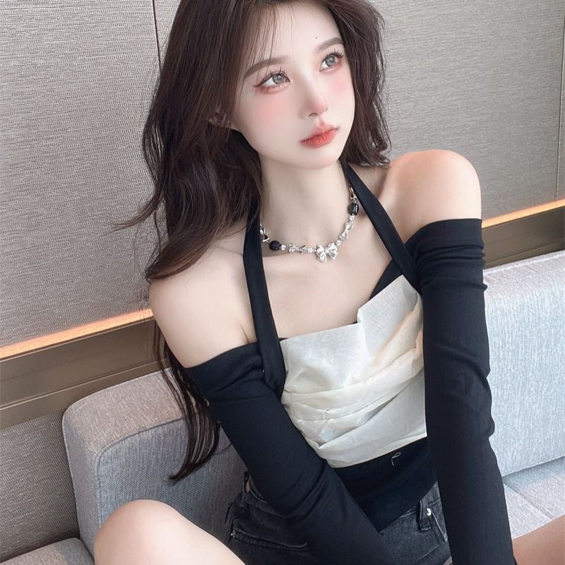 Jiashucheng Áo Thun Trễ Vai Phối Lưới Thiết Kế Độc Đáo