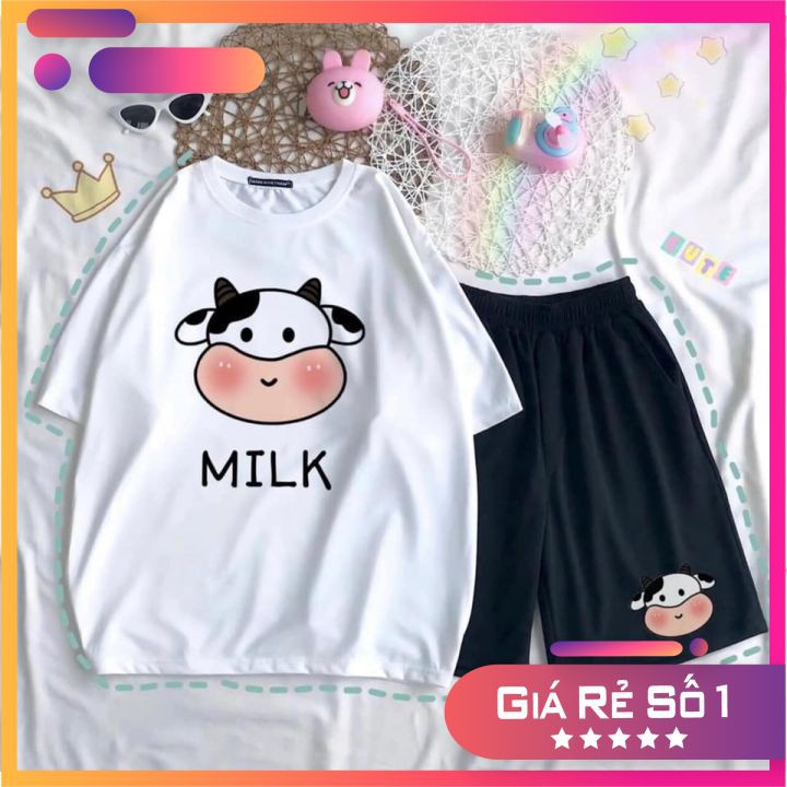 [RẺ VÔ ĐỊCH] Sét Áo Thun Ngắn Tay Bò Sữa Milk Chất Đẹp + Quần Đùi Đen Ống Rộng Logo Sét Đồ Bộ Nam Nữ Unisex Freesize | BigBuy360 - bigbuy360.vn