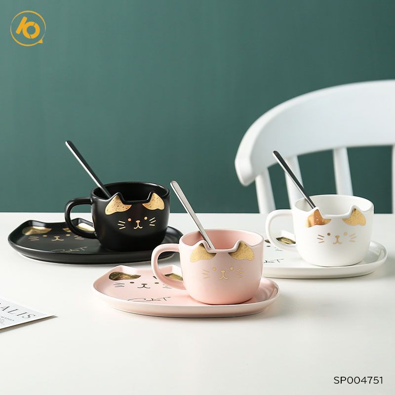 Bộ cốc sứ hình mèo SHOP10K Cốc sứ sáng tạo kèm muỗng và đĩa lót SP004751