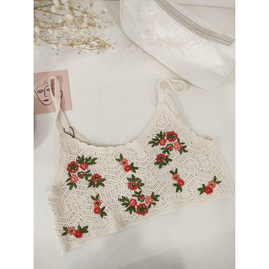 Áo croptop 2 dây hoa thêu ulzzang đi biển/ Áo len giả cói croptop