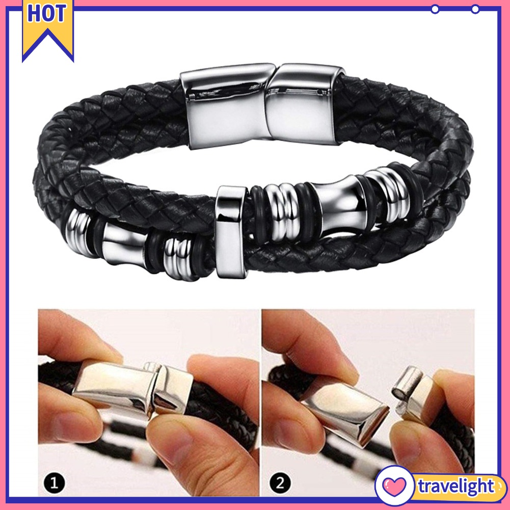 Vòng Tay Bện Dây Da Giả Hai Lớp Khóa Nam Châm Thời Trang Cho Nam