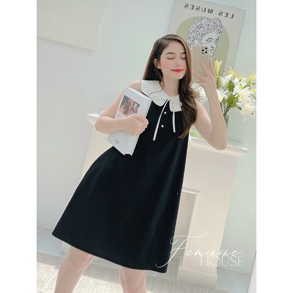 Đầm Cổ Sen Thắt Nơ, Đầm màu đen kiểu dễ thương, đầm babydoll, đầm đi làm đi chơi.