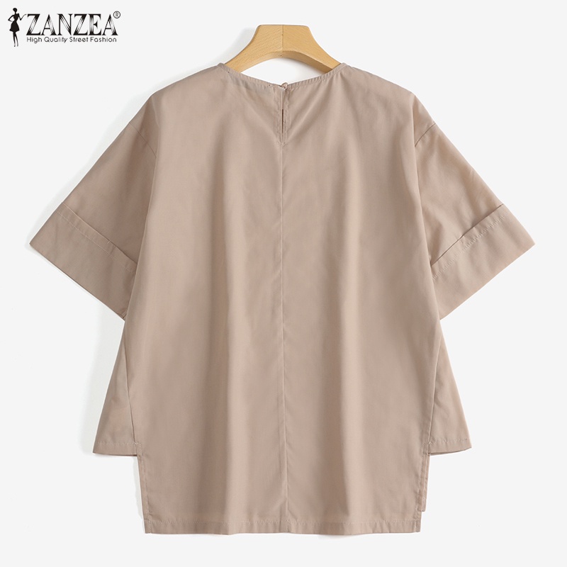 ZANZEA Áo Nữ Tay Lửng Cổ Tròn Dáng Rộng Xẻ Tà Thời Trang