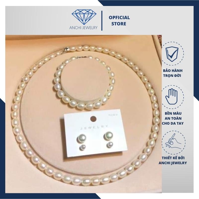 Bộ vòng cổ vòng tay và bông tai hạt trai trắng ánh hồng, quà tặng cho mẹ. Anchi jewelry
