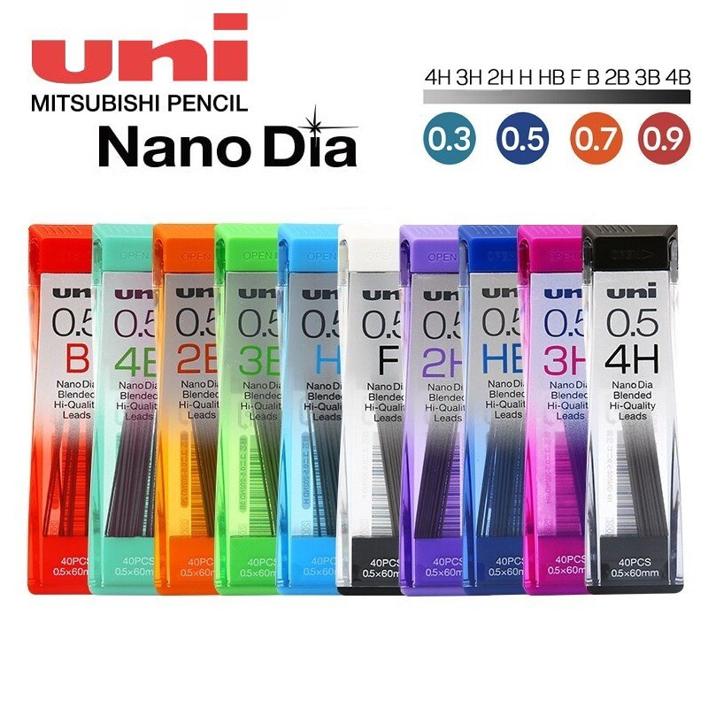 Hộp ngòi Chì Kim Uni Nano Dia ruột đen cỡ 0.3/0.5/0.7/0.9 mm