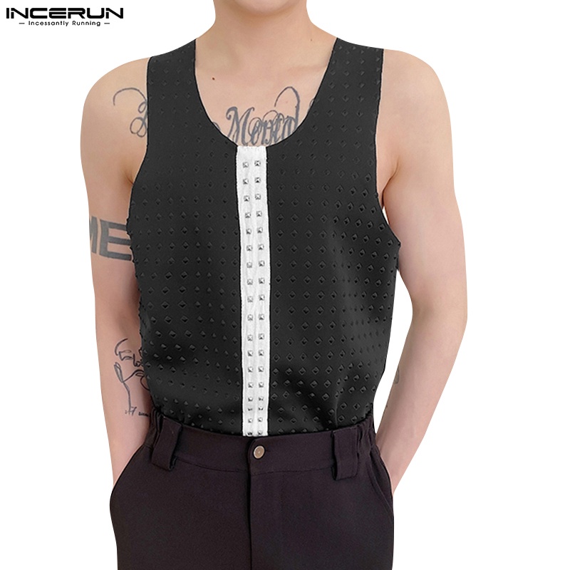 INCERUN Áo Thun Ba Lỗ Màu Trơn Phối Đinh Tán Thời Trang Cho Nam