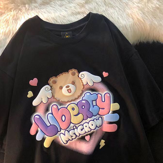 Áo Thun Tay Ngắn Cổ Tròn Dáng Rộng In Họa Tiết Chú Gấu Hoạt Hình Phong Cách Nhật Bản Thời Trang Mùa Hè Cho Bé Gái 11-14 Tuổi