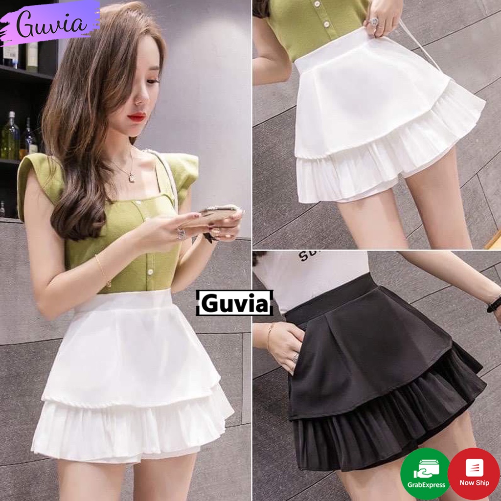 Chân Váy Xếp Ly 2 Tầng Dáng Xòe Xếp Ly Lưng Cạp Cao (Có Quần Trong) GUVIA