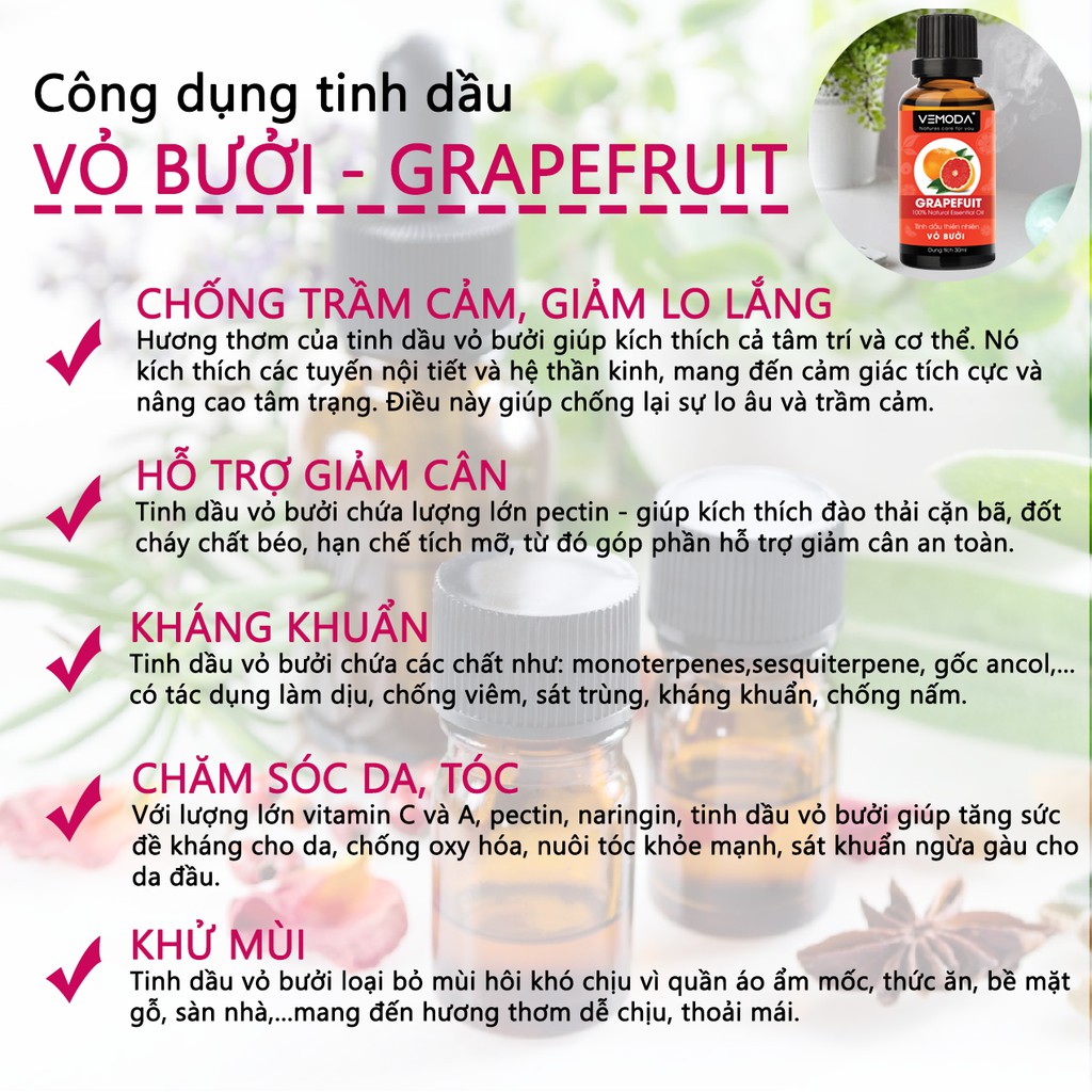 Tinh dầu Vỏ bưởi (HG) cao cấp nguyên chất VEMODA 30ML giúp kháng khuẩn, chống trầm cảm, hỗ trợ giảm cân, chăm sóc da tóc