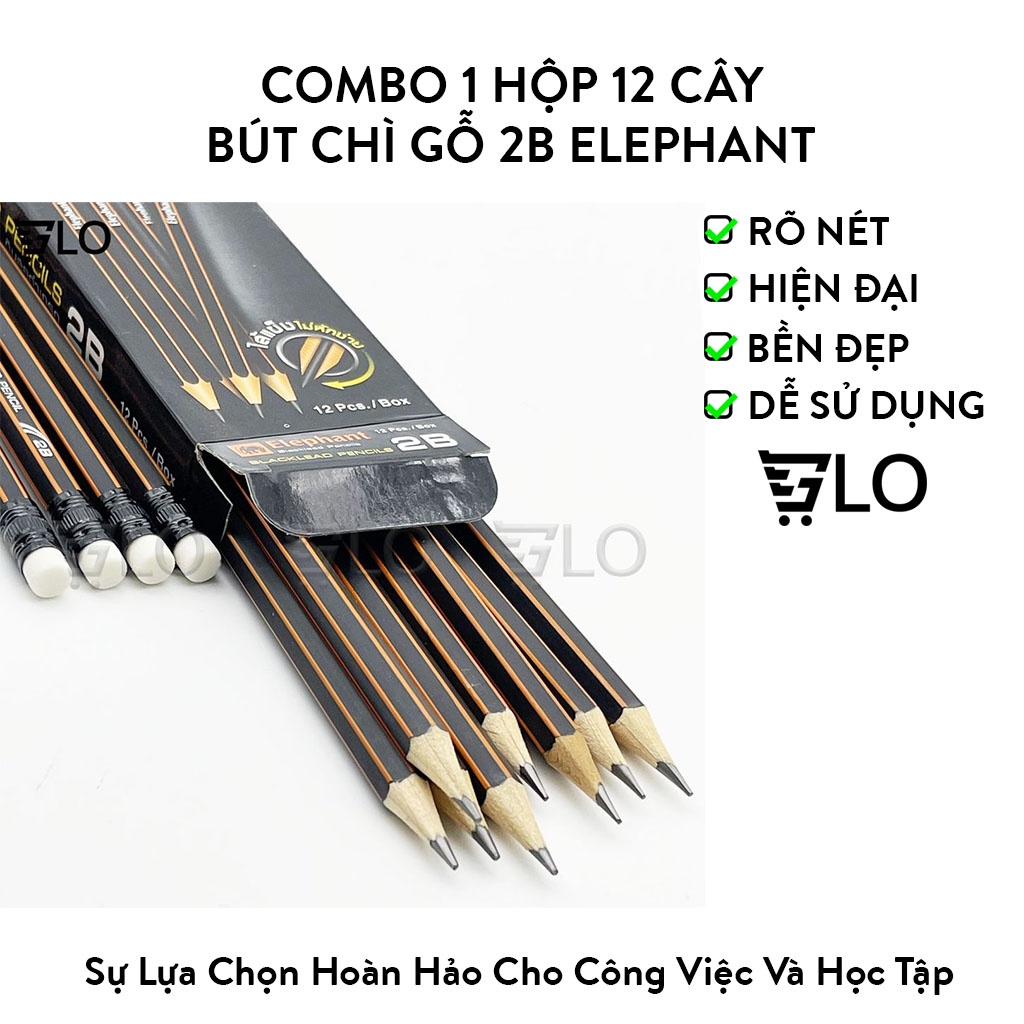 Combo 1 Hộp 12 Cây Bút Chì Gỗ 2b Elephant - Hàng Thái Lan, Hàng Cao Cấp - Ngòi Bút Khỏe Khó Gãy, Nét Đẹp