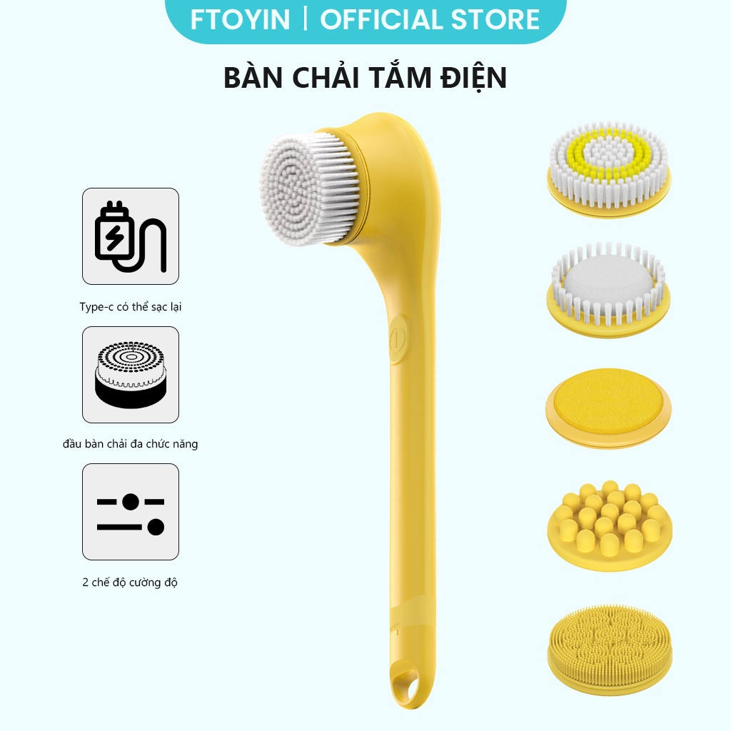 Bàn chải tắm FTOYIN bằng điện không thấm nước có thể sạc lại với 6 đầu làm sạch để tẩy tế bào chết/ làm mềm da
