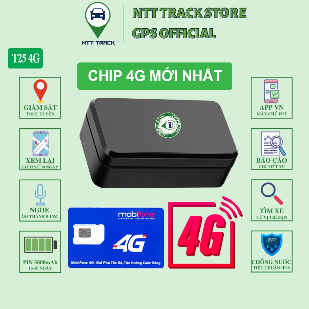 Định vị gps không dây T25 chip 4G LTE giám sát vị trí xe máy ô tô