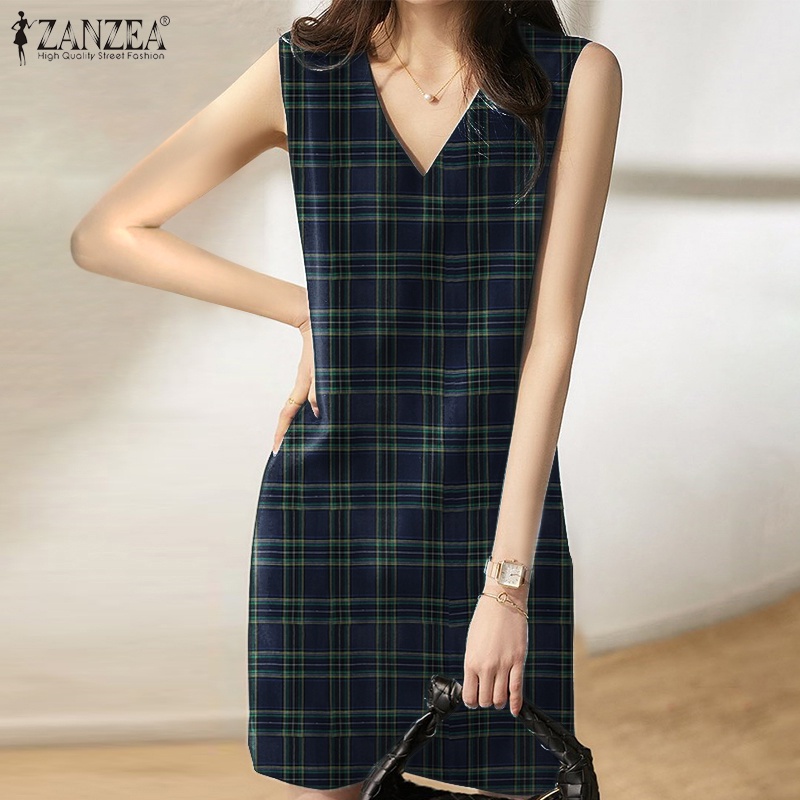 Đầm ZANZEA dáng chữ A sát nách cổ chữ V họa tiết kẻ sọc ca rô thời trang dành cho nữ
