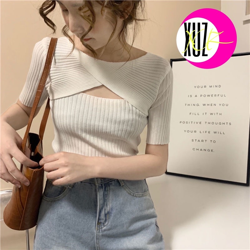 A10 Áo Len Montoghi Gân Xoắn Ngực Hở Lưng Nhẹ Hè Thu