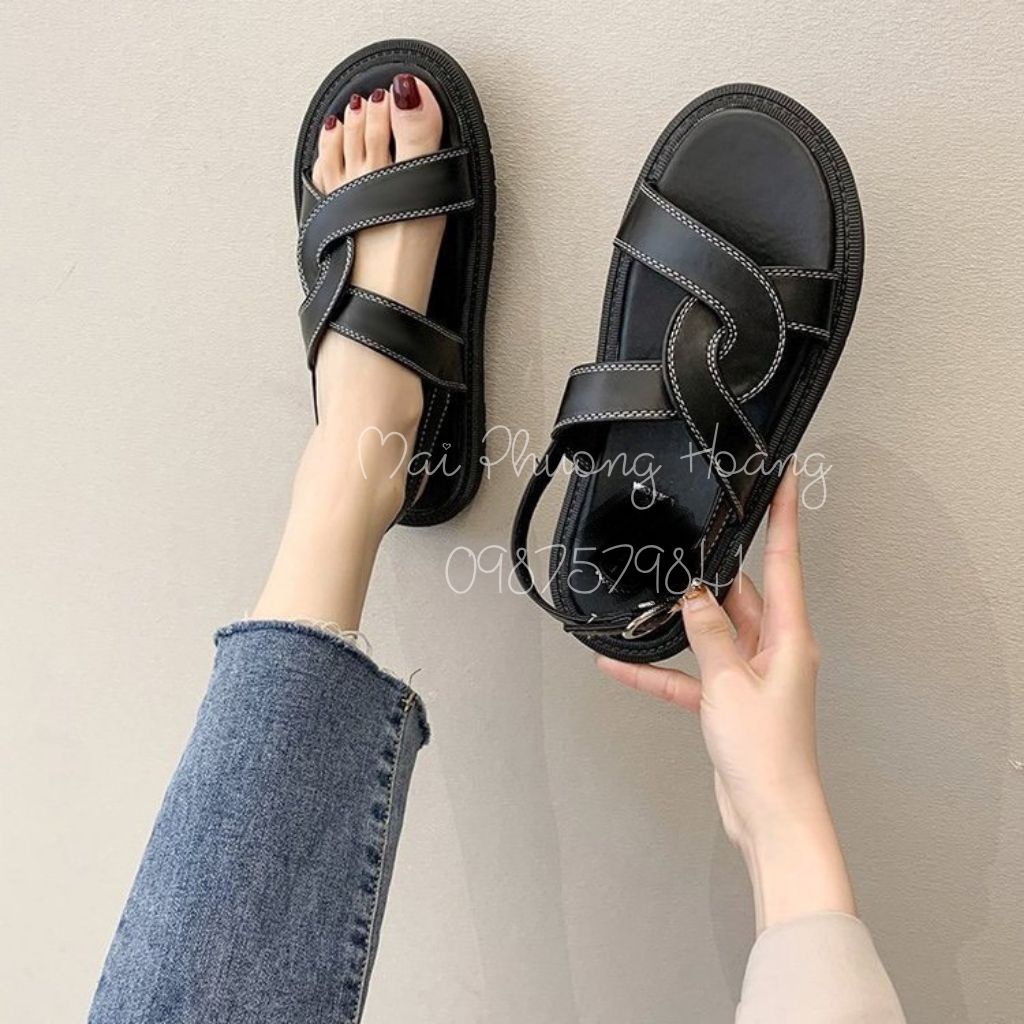 Sandal nữ đế bằng quai đan chéo chữ X bản ngang mũi tròn hottrend