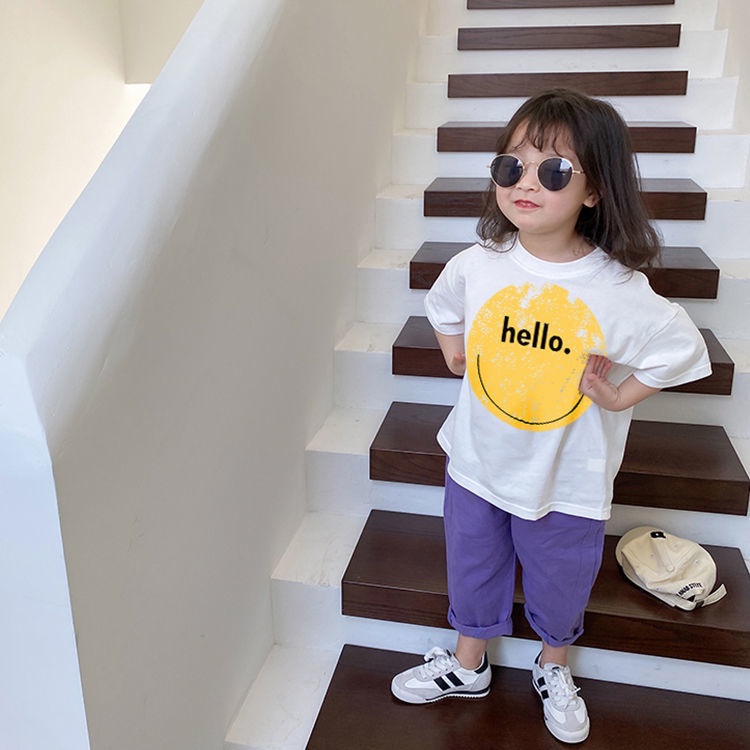 Áo Thun Cotton Ngắn Tay Màu Trơn Họa Tiết In Cho Bé Gái