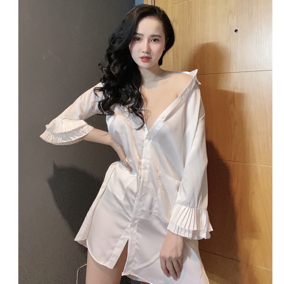 Đồ ngủ sexy / Đầm sơmi siêu gợi cảm - tay có phối dập ly, chất liệu SATIN cao cấp loại 1 mềm mịn mát, freesize dưới 65kg | BigBuy360 - bigbuy360.vn