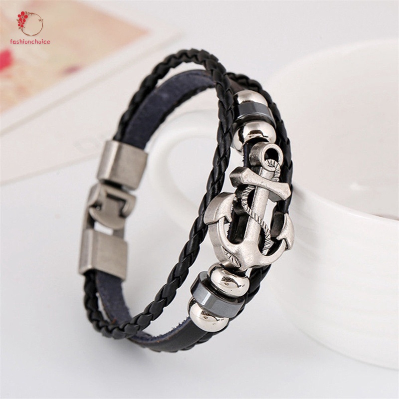 Men Fashion Cool PU Metal Anchor Bracelet Wristband Gifts Jewelry