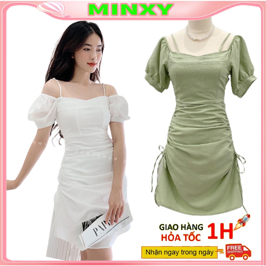 Váy trễ vai rút dây điều chỉnh độ dài ,đầm vải xốp hạt đẹp -Minxy shop