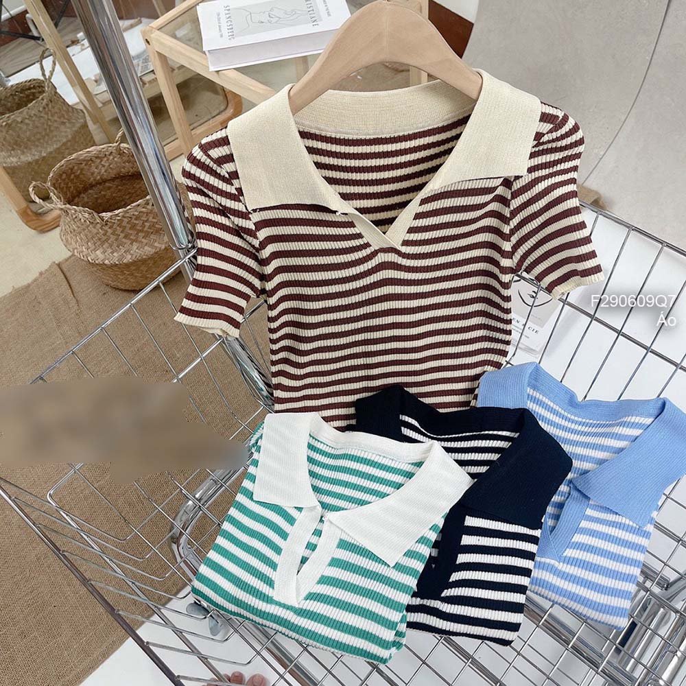 Áo len tăm croptop phối kẻ sọc cổ bẻ tay con hàng QC!