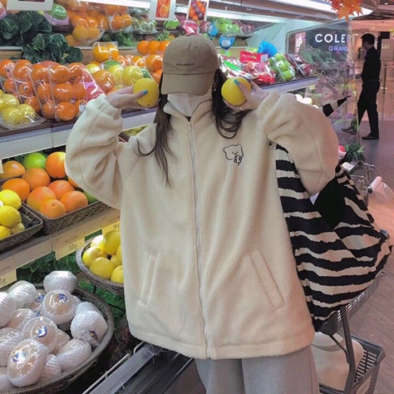 Áo lông cừu thêu gấu/logo cute siêu to, lông tàu dày sụ (ảnh thật_annstore)