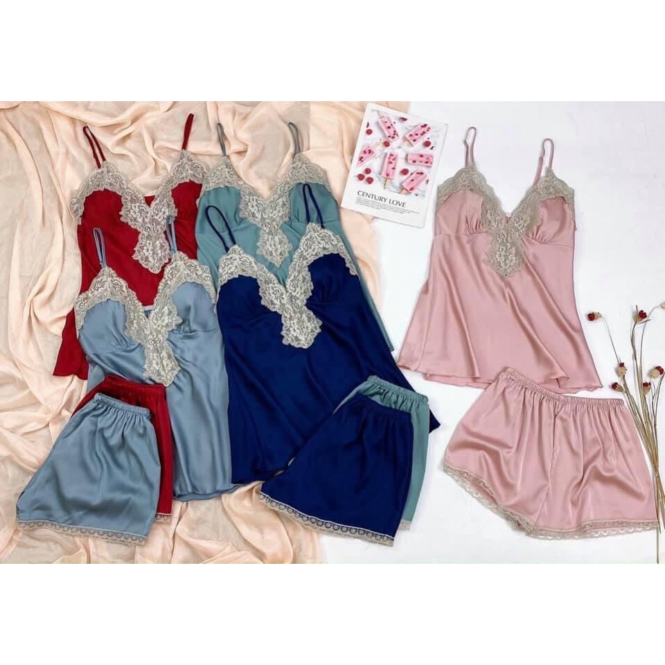 [ Lụa Cao Cấp ] Đồ ngủ sexy set bộ 2 dây phối ren có mút ngực gợi cảm mặc nhà chất liệu lụa satin mềm mịn 012 | BigBuy360 - bigbuy360.vn
