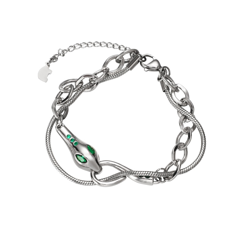 Vòng Tay Dây Xích Hai Lớp Bằng Titan Đính Đá Zircon Hình Rắn Phong Cách Hip Hop Đường Phố Cho Nam Và Nữ