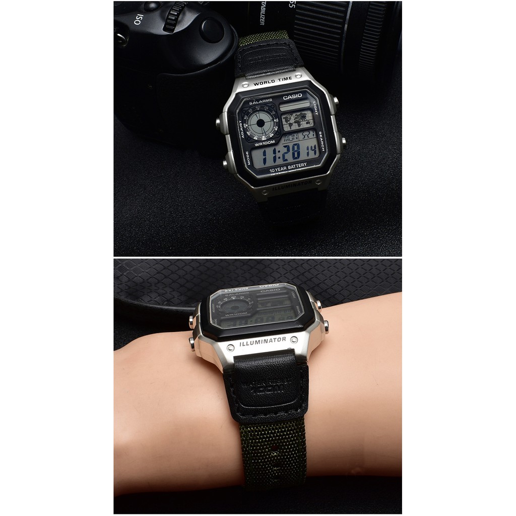 Dây đồng hồ vải dù canvas hai lớp Casio world time AE1200WH F91 điện tử xanh rêu và đen 18mm khóa gài kim loại