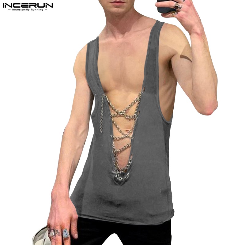 Áo thun 3 lỗ INCERUN màu trơn dáng rộng thời trang hè 3 màu lựa chọn cho nam