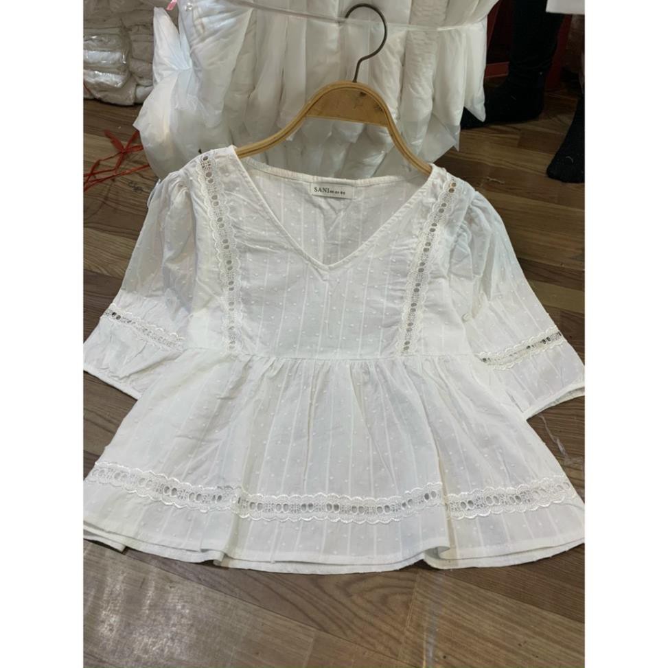 Áo babydoll Trắng tay lỡ Cổ Tim Hạt Gạo, Áo babydoll Trắng kiểu dáng tay lỡ