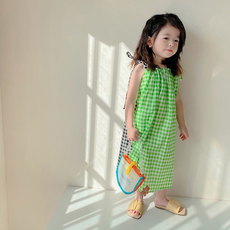 Đầm Công Chúa Hai Dây Sọc Ca Rô Thời Trang Mùa Hè Hàn Quốc Dành Cho Bé Gái Se7en