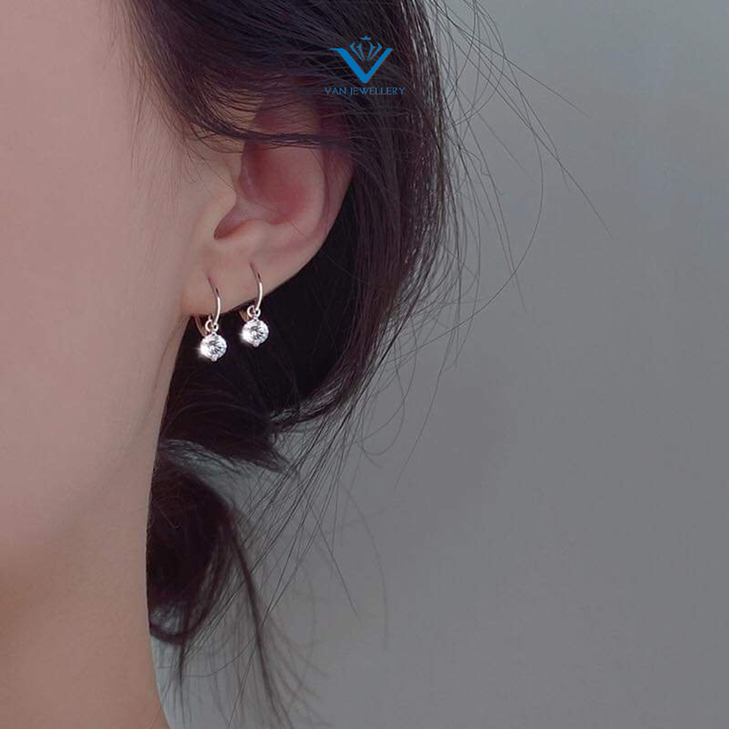 Khuyên tai bạc khuyên bấm thả đá trắng lấp lánh Van Jewelry V10029
