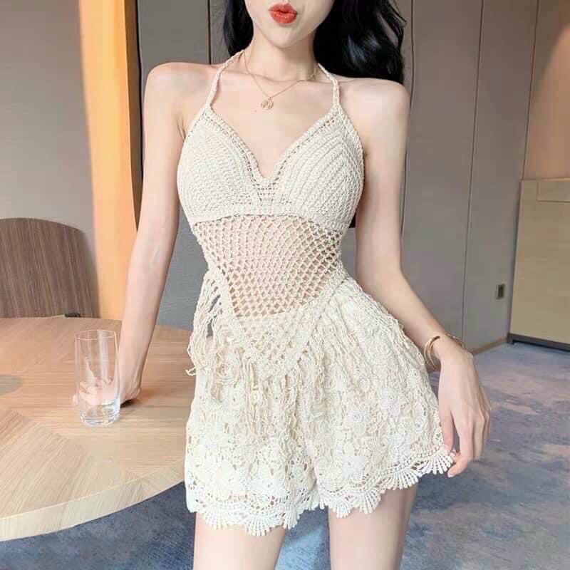Đồ bơi nữ kín đáo set bikini ren đi biển kèm áo khoác HATI