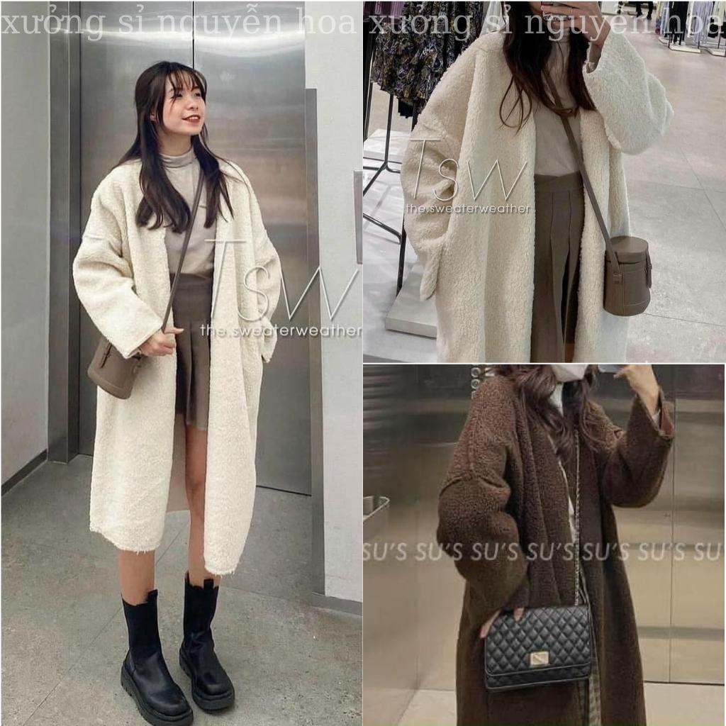 áo khoác lông cừu cardigan dáng dài mặc mùa đông siêu ấm 2  màu trắng nâu đẹp chuẩn ảnh phong cách hàn quốc