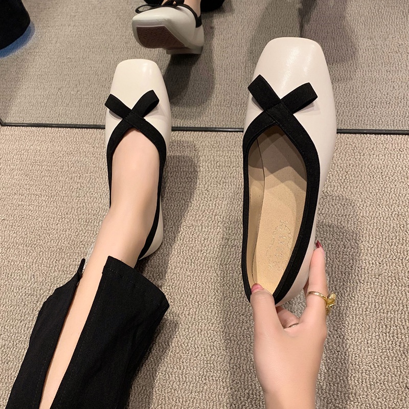 Giày Búp Bê Da Mềm Mũi Vuông Đính Nơ Thời Trang Cho Nữ