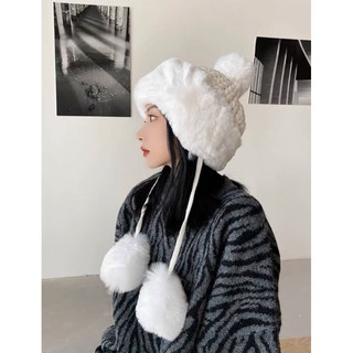Mũ len thừng phối lông dây quả bông