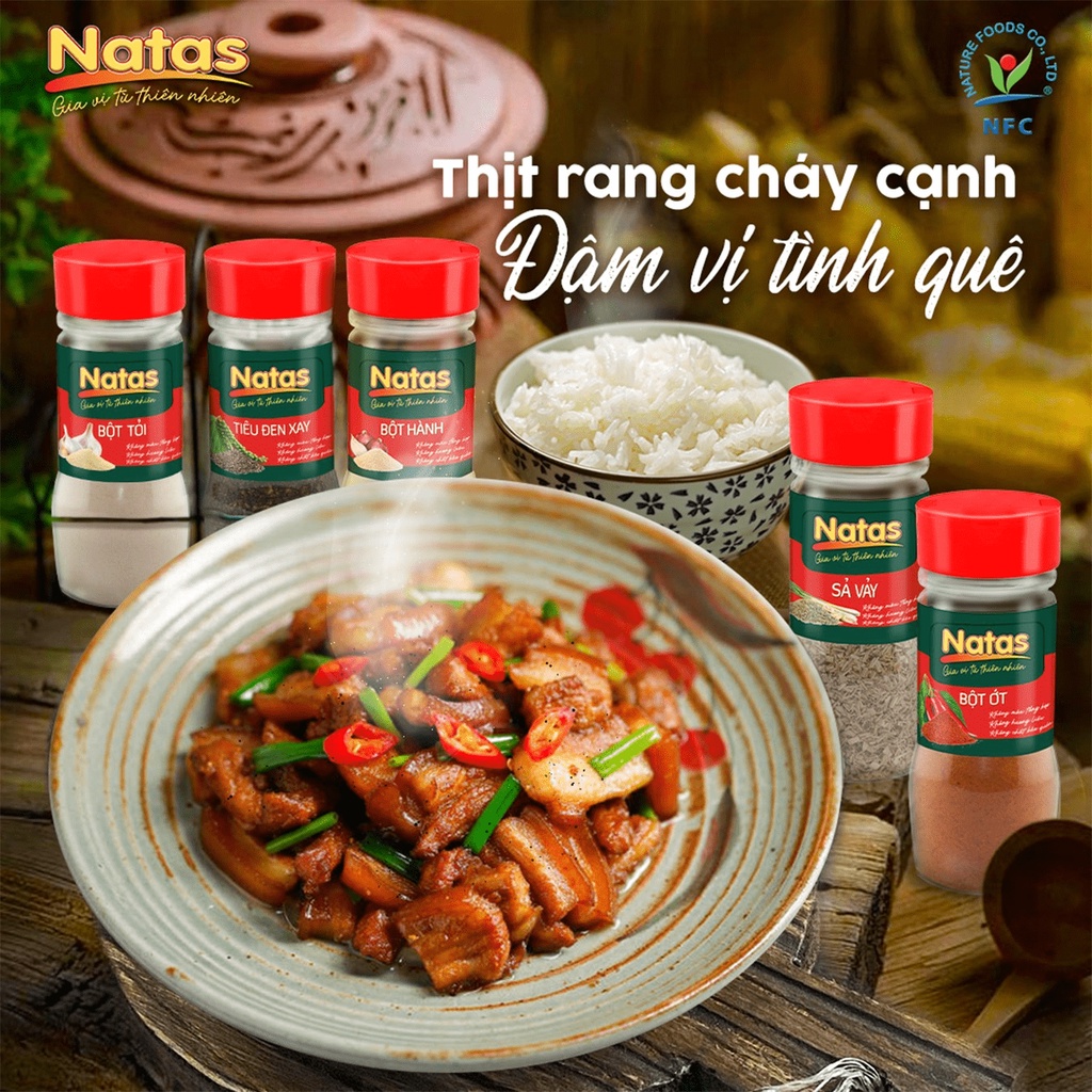 Combo gia vị tiện dụng Natas: Bột hành hũ 60g + Ớt vảy hũ 50g + Sả vảy hũ 40g